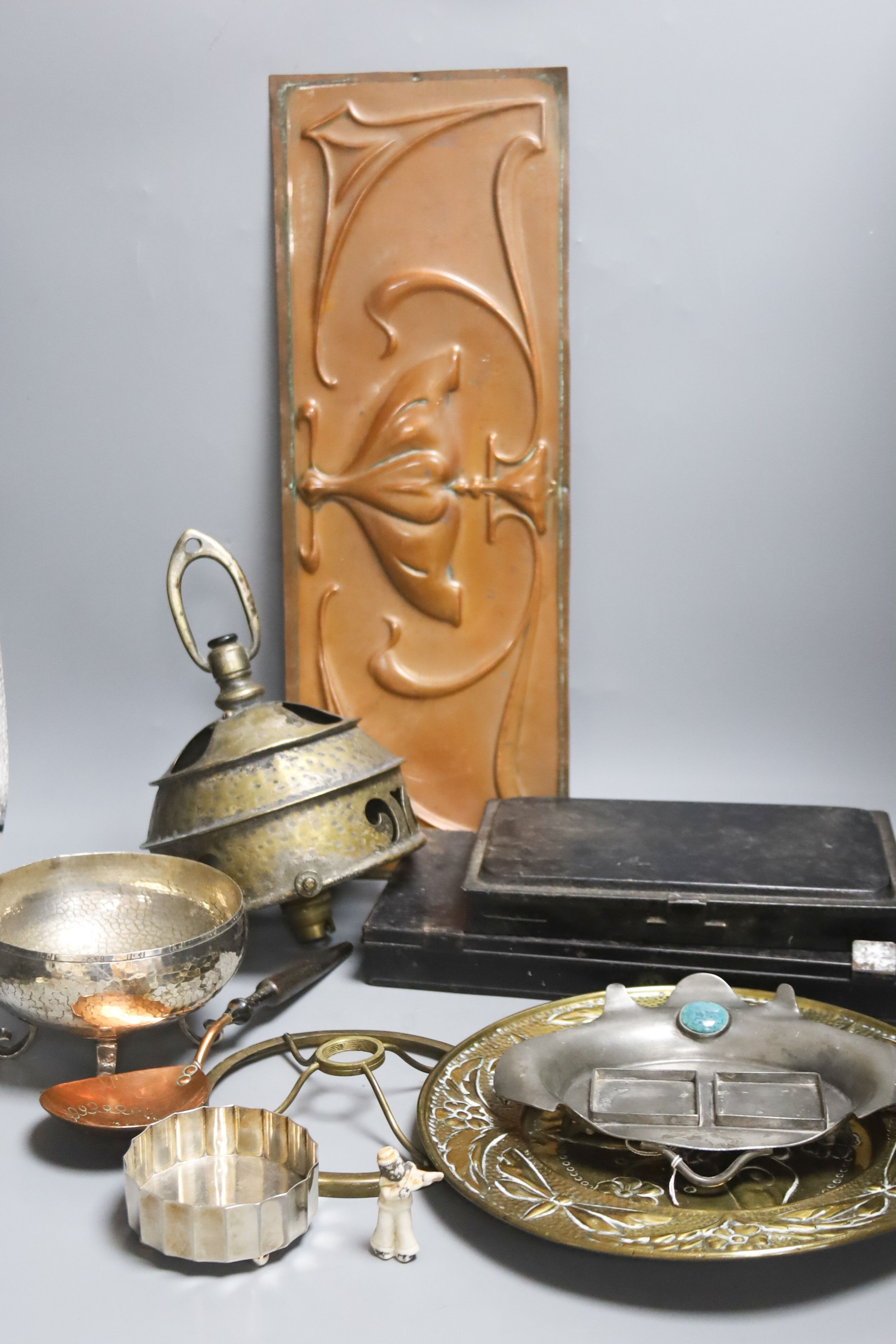 An Arts and Crafts metal light fitting and similar sundry metalware